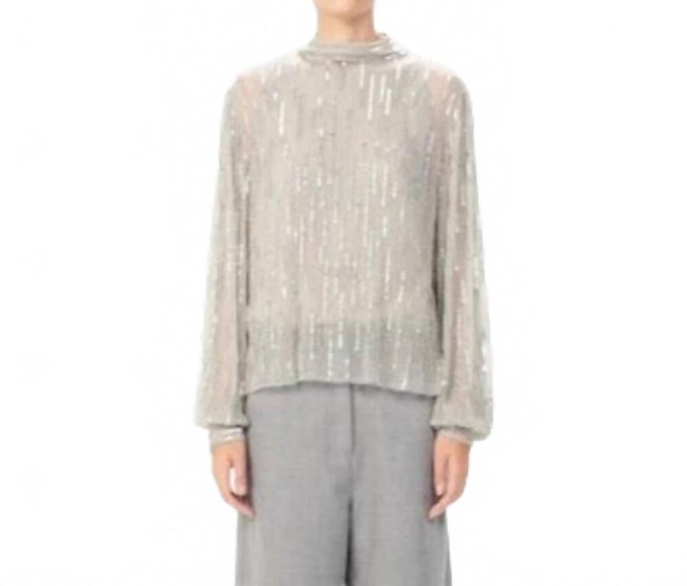 NEW MARIA CHER lagui lark long sleeve mock neck blouse in silver